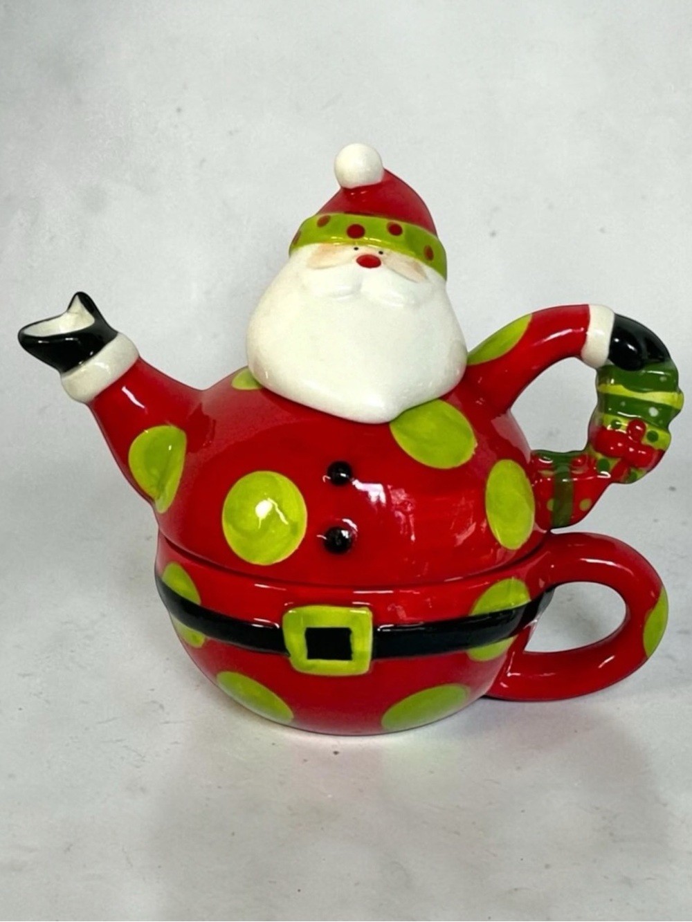 Vintage Santa Teapot Tea For One Holiday Red Green Polka Dot Crackle Barrel